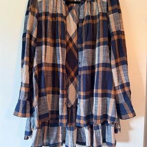 Free People Blue and Cream Plaid Shirt
